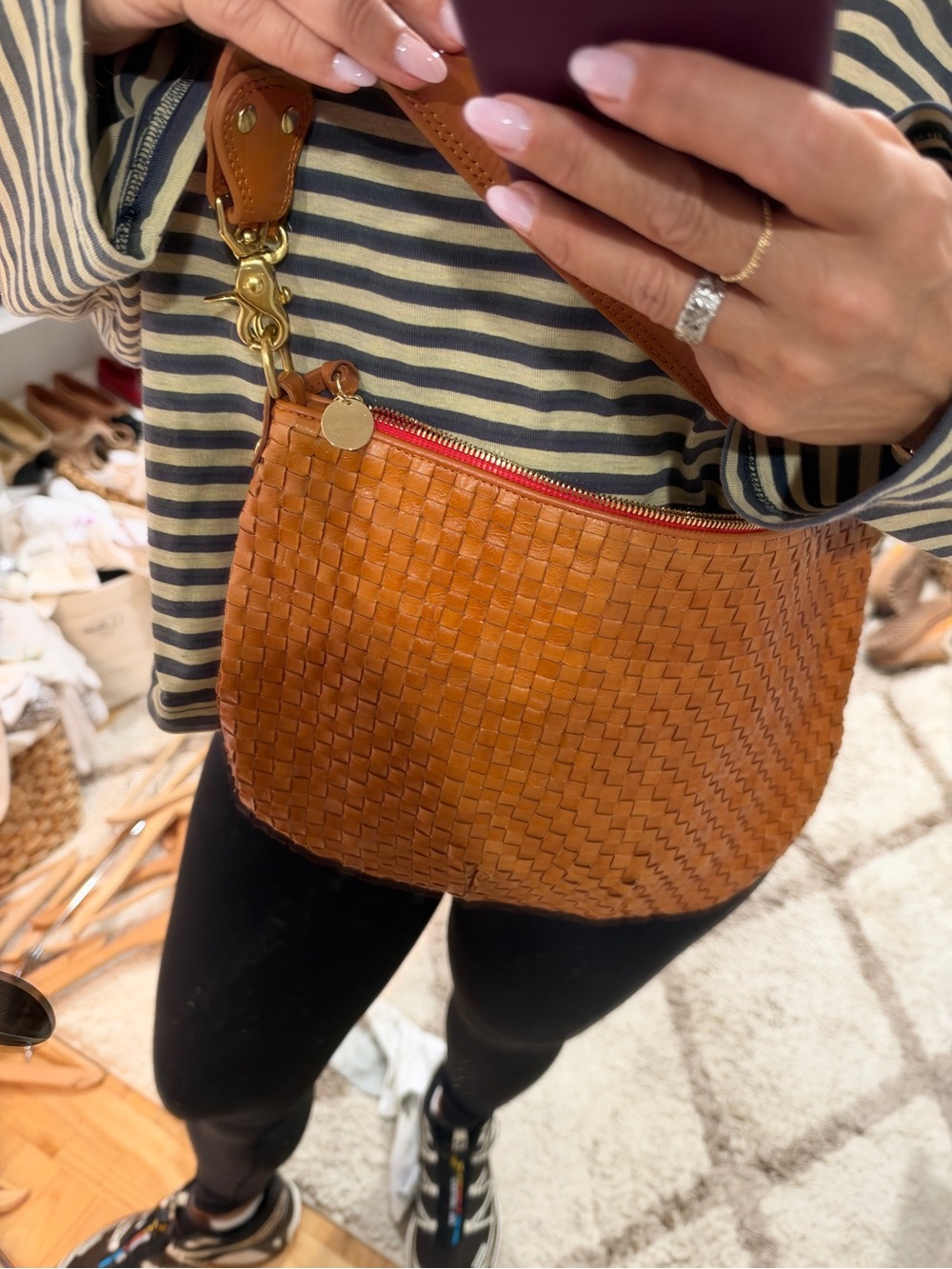 Clare V Moyan Messenger Woven Crossbody Bag in Cognac Brown with Gold Hardware - Picture 8 of 14